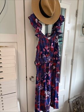 Women’s Floral Maxi Dress - Navy with Pink & Red Floral Print